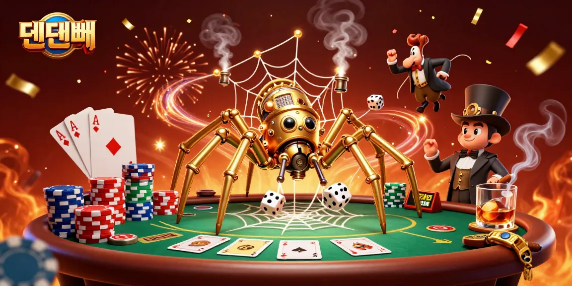 Experience the excitement at 텐텐벳 with a steampunk spider, poker elements, and vibrant celebration.