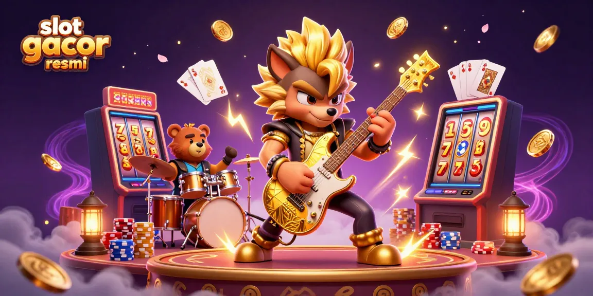 Slot gacor resmi menghadirkan pengalaman bermain dengan karakter rock star 3D dan beruang di panggung kasino.