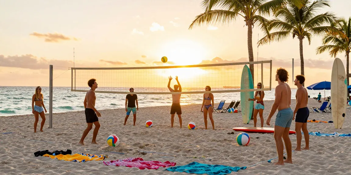 Pengalaman di pantai Miami saat matahari terbenam di mana sekelompok teman bersenang-senang bermain voli pantai, menciptakan kenangan tak terlupakan di https://miami4d.com/.