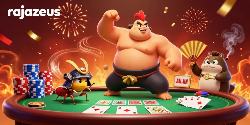 Mengguncang kasino dengan rajazeus, ayam sumo raksasa, dan pendekar kerang bertarung di atas meja poker.