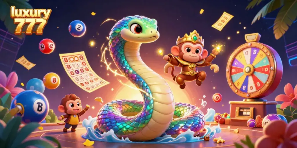 Immersive gambling scene featuring playful characters and vibrant elements around luxury 777 themes.