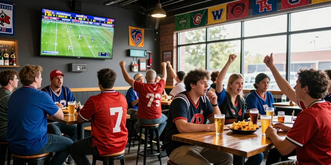 Fans enjoying live football match at sports bar, شاهد المباريات هنا for an exciting experience.