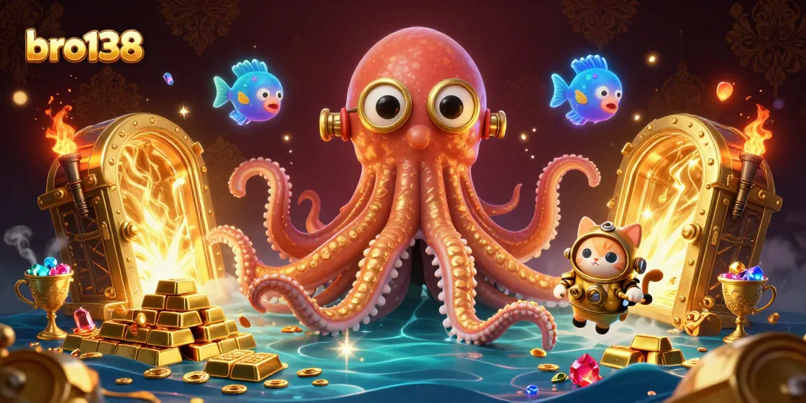 Join the fun at bro138 with a spectacular 3D illustration of a kraken and diving cat in a treasure-filled casino scene.