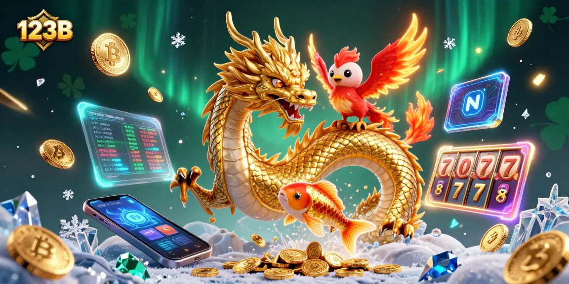 Engage with 123B's vibrant casino adventure featuring golden dragon, koi fish, and colorful slot elements.
