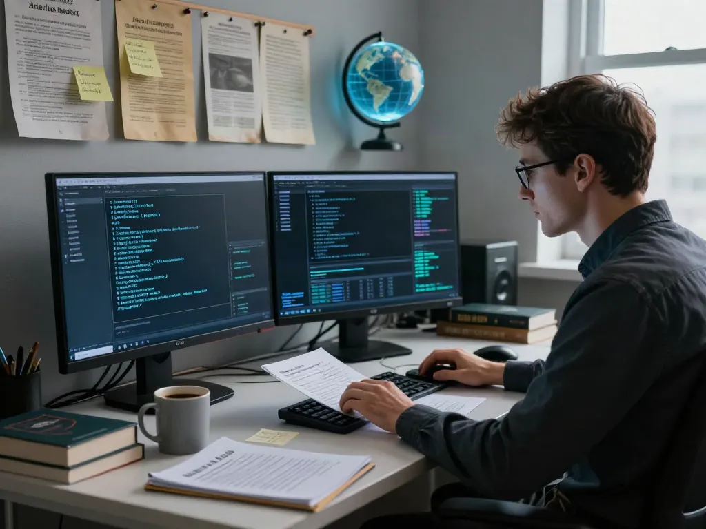 Researcher analyzing the Hidden Wiki with cybersecurity resources and visualizations in a dark, focused workspace.