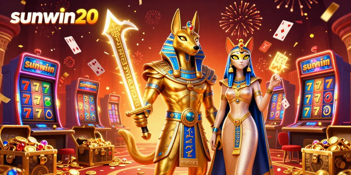 Experience thrilling wins with sunwin20 in this captivating casino scene featuring Anubis and Bastet.