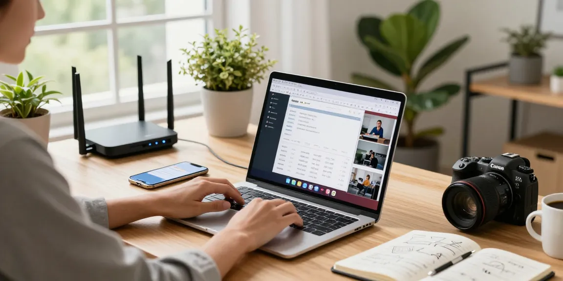 Koneksi wifi 4d di ruang kerja modern dengan laptop dan perangkat digital lainnya.