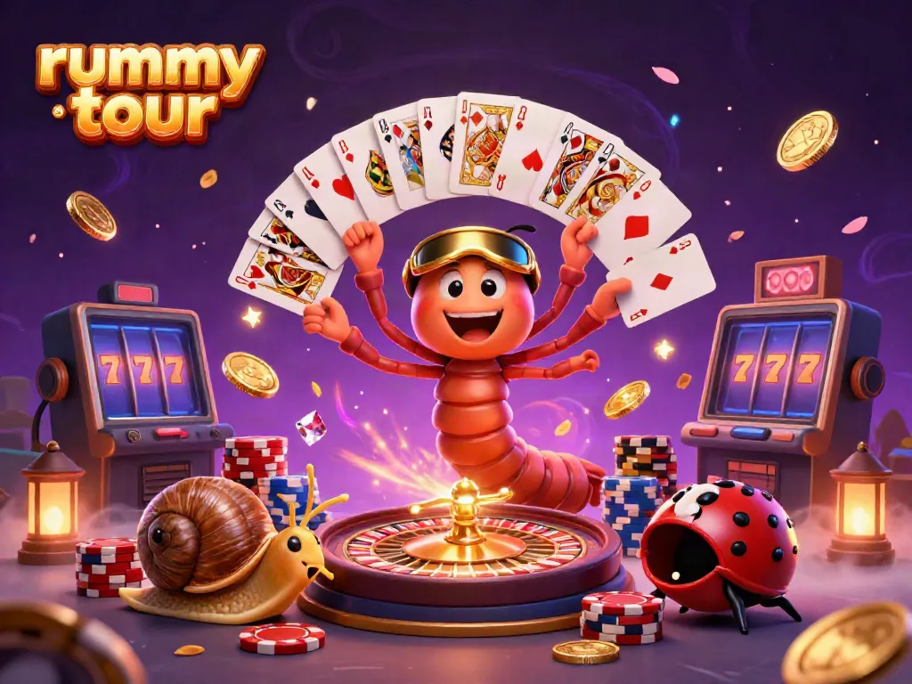 Rummy tour menarik dengan dealer kartun dan tumpukan chip besar.