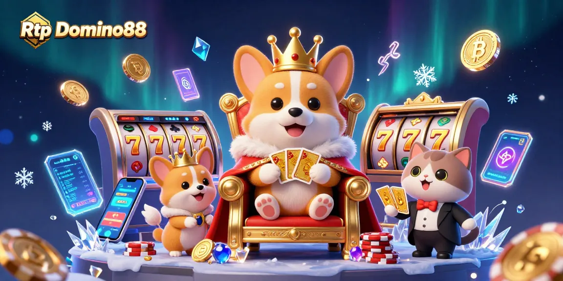 Experience Rtp Domino88 with a vibrant 3D illustration of a royal corgi surrounded by slot elements and crypto coins.