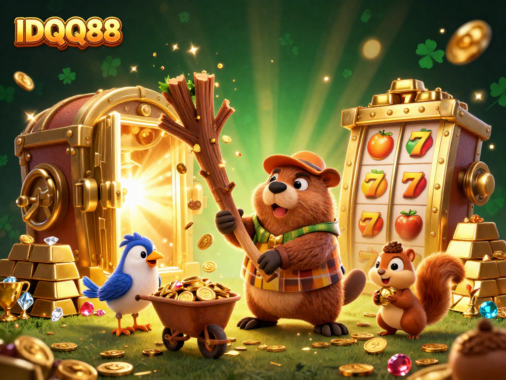 IDQQ88 showcases a lively slot-themed scene with characters collecting golden coins amid vibrant casino elements.
