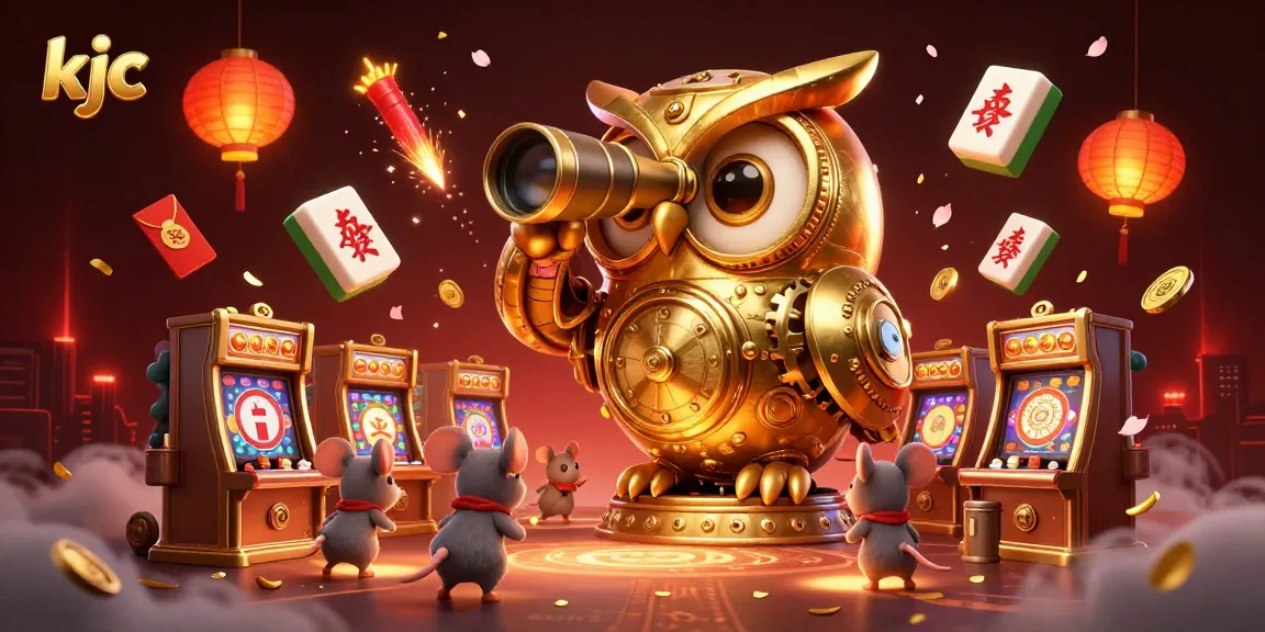 Experience the thrill of KJC casino gaming with a vibrant owl and lively patrons amidst dynamic elements.