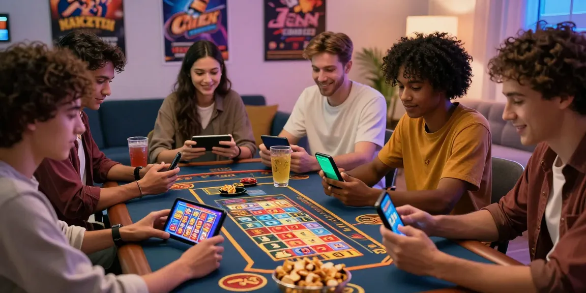 Friends playing casino games on Android devices at https://slotspk.com.pk/ in a vibrant, lively setting.