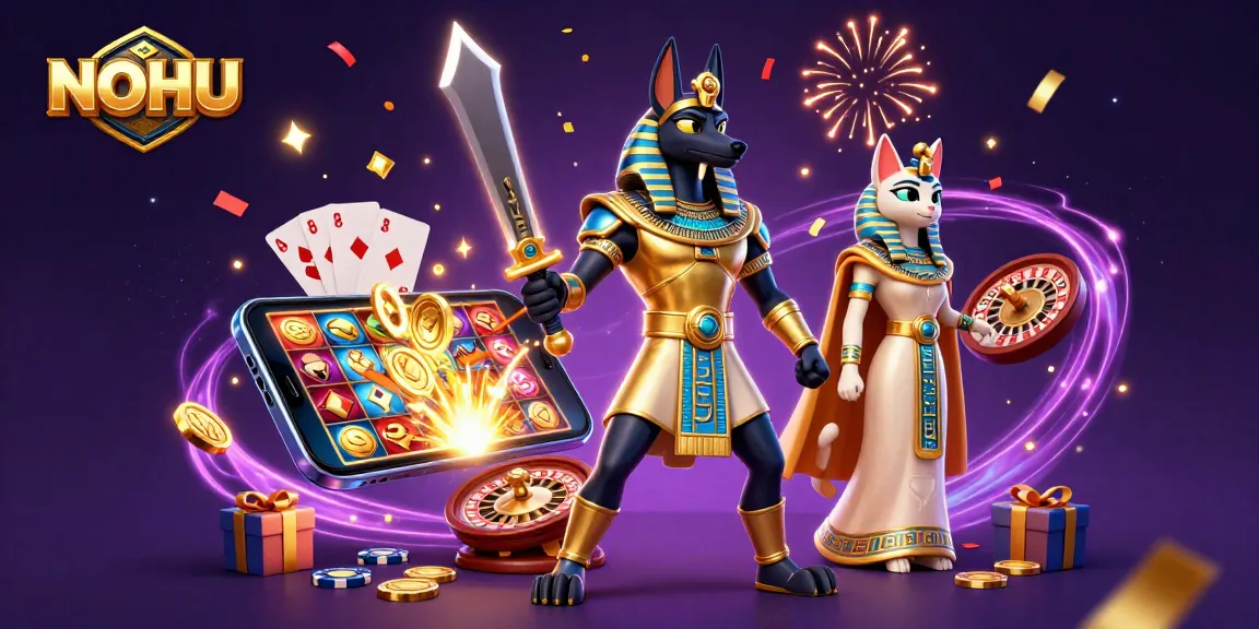 Experience exciting gameplay at NOHU with an energetic illustration of Anubis amid casino elements.
