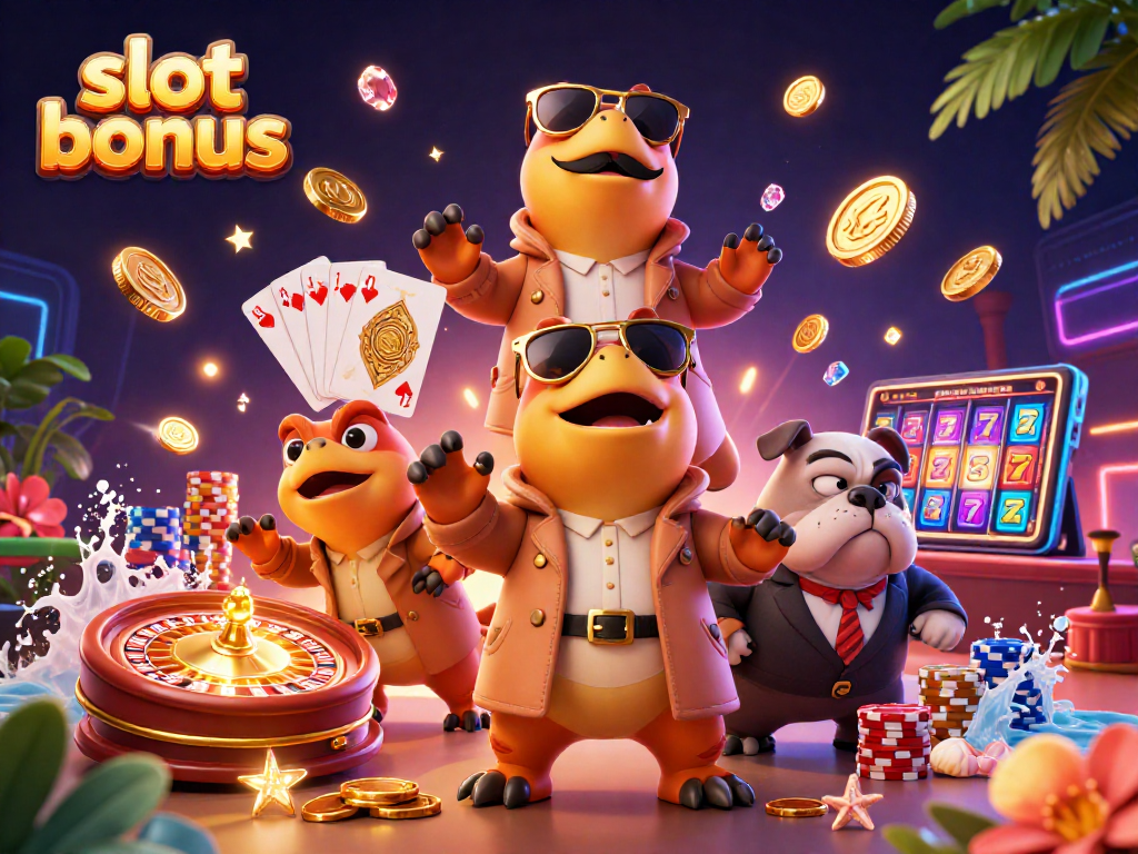 Experience the excitement of a slot bonus with raptors in a trench coat gaming at a VIP lounge.