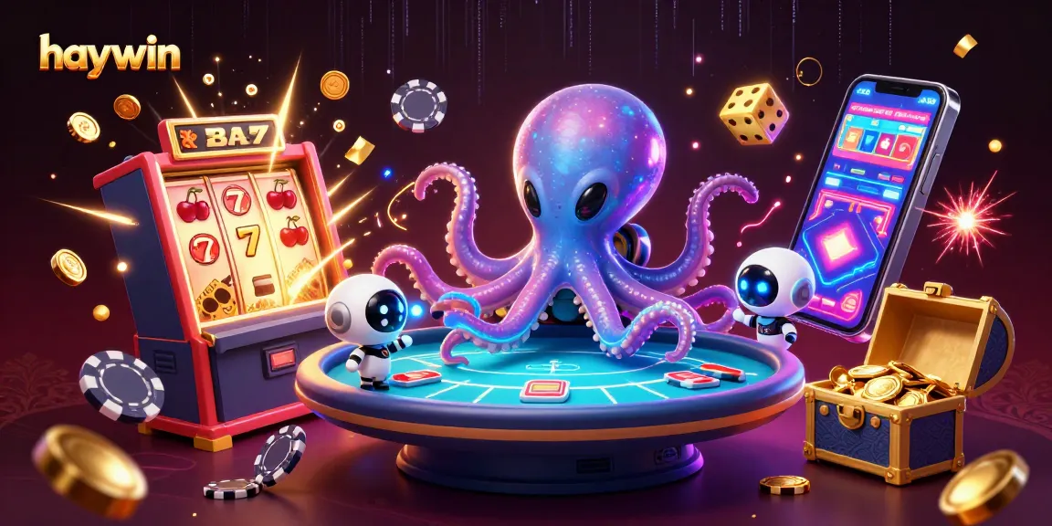 Experience thrilling games at haywin with a vibrant 3D alien octopus operating a holographic poker table.