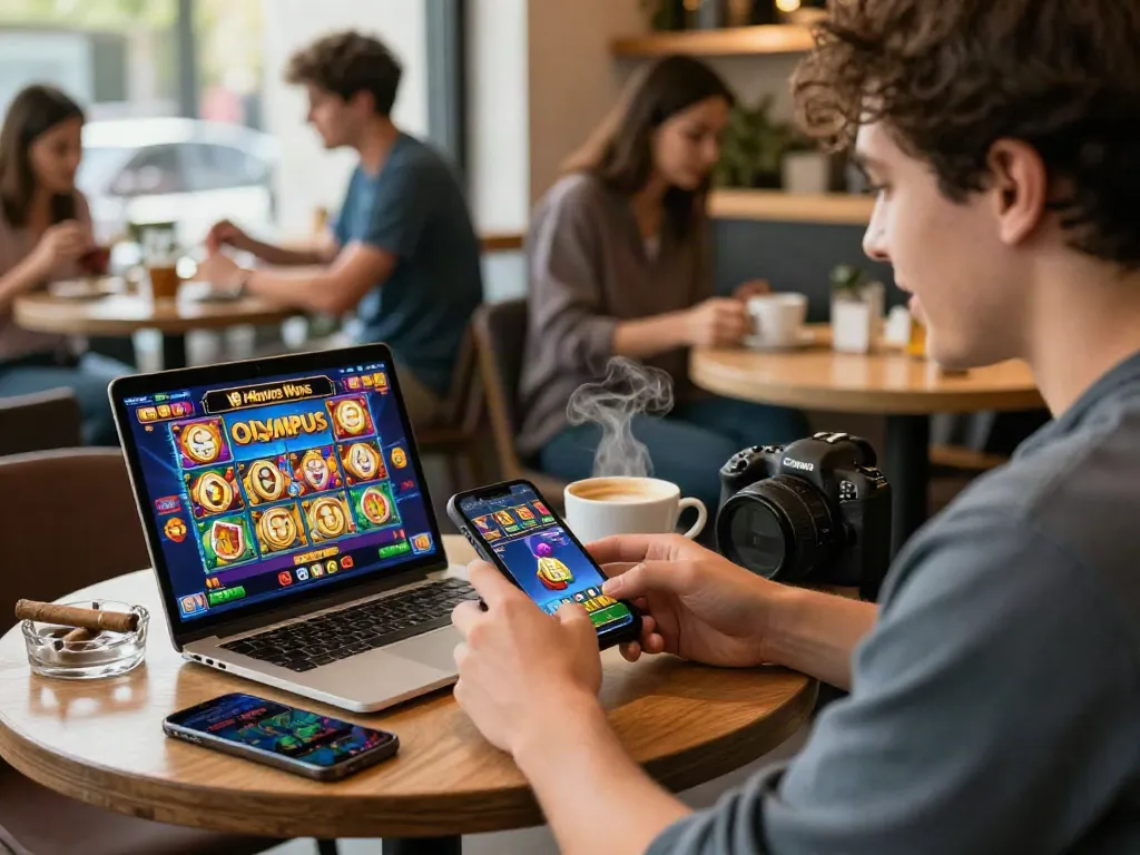 Enjoying luxury12 slot games at a café with mobile device, coffee, and relaxing atmosphere.