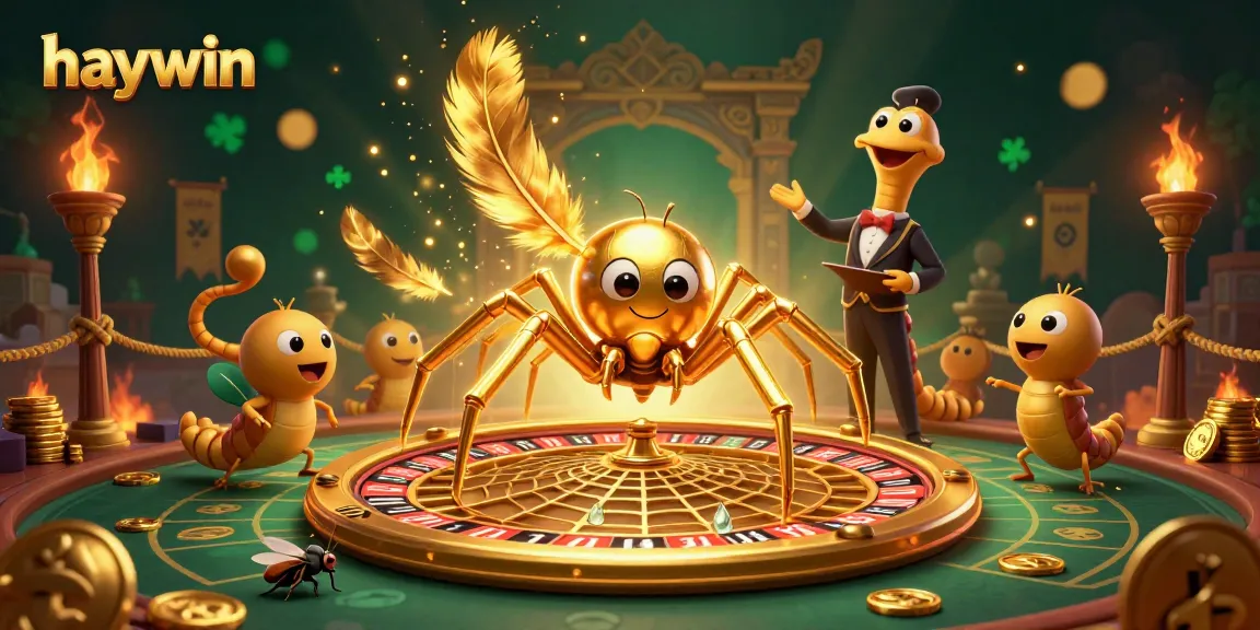 Place bets with Haywin in a fun-filled cartoon casino-themed illustration featuring a golden spider and a centipede croupier.