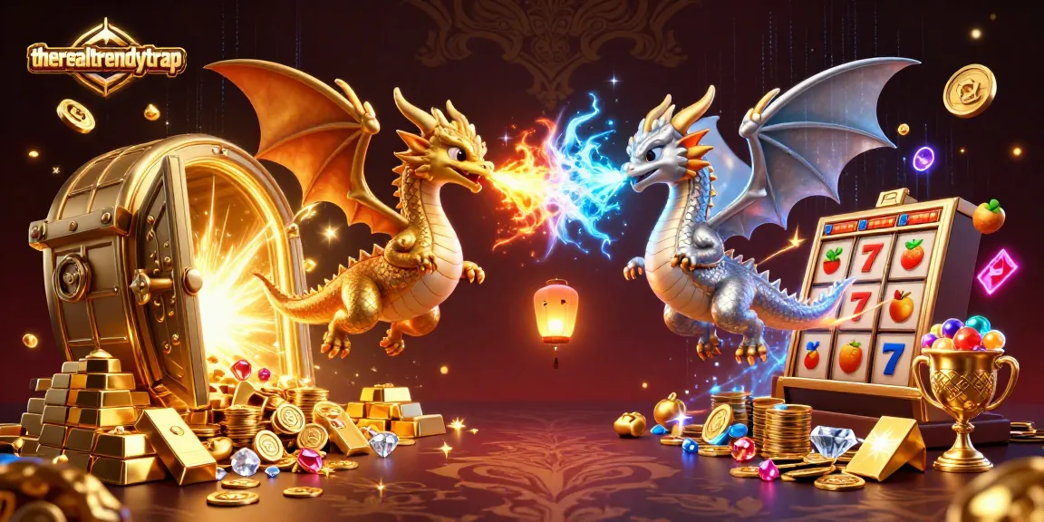 therealtrendytrap menampilkan dua naga 3D terbang terjalin dengan slot online dan simbol jackpot mengelilingi mereka