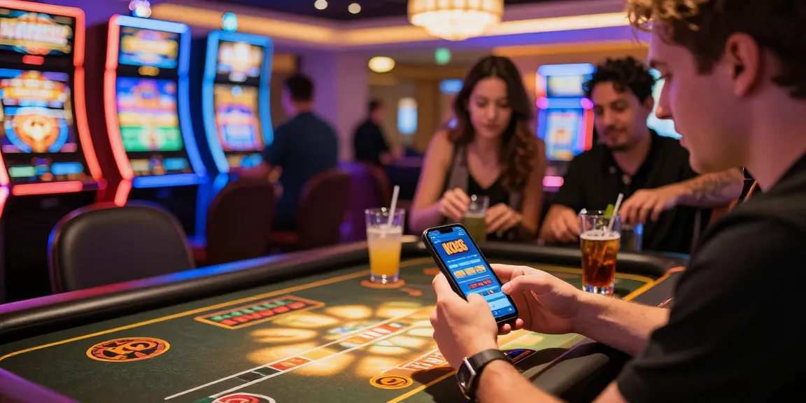Exciting KO66 online gambling experience with smartphone and casino backdrop