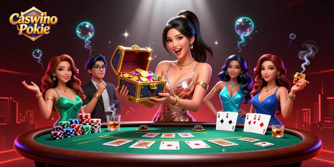 Experience the thrill of Caswino Pokie with an excited woman showcasing treasures in a vibrant casino scene.