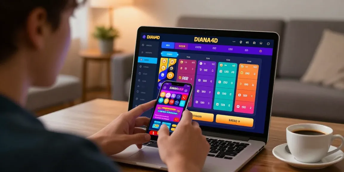 Pengguna melihat platform DIANA4D di smartphone dengan suasana nyaman di rumah.