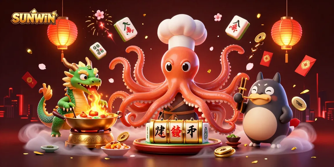 SUNWIN promotes winning strategies with a packed scene of a cartoon octopus sushi chef, dragon, and tanuki amidst casino elements.