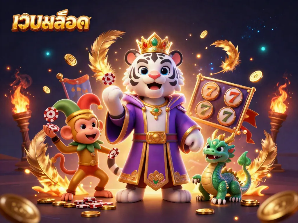 Experience thrills with เว็บสล็อต featuring a majestic white tiger in royal attire, slot reels, and golden tokens.