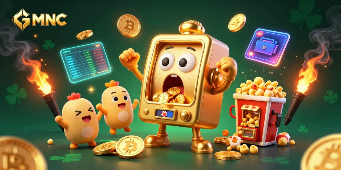 GMNC slot machine wins jackpot amidst crypto coins and baby machines in vibrant casino scene.