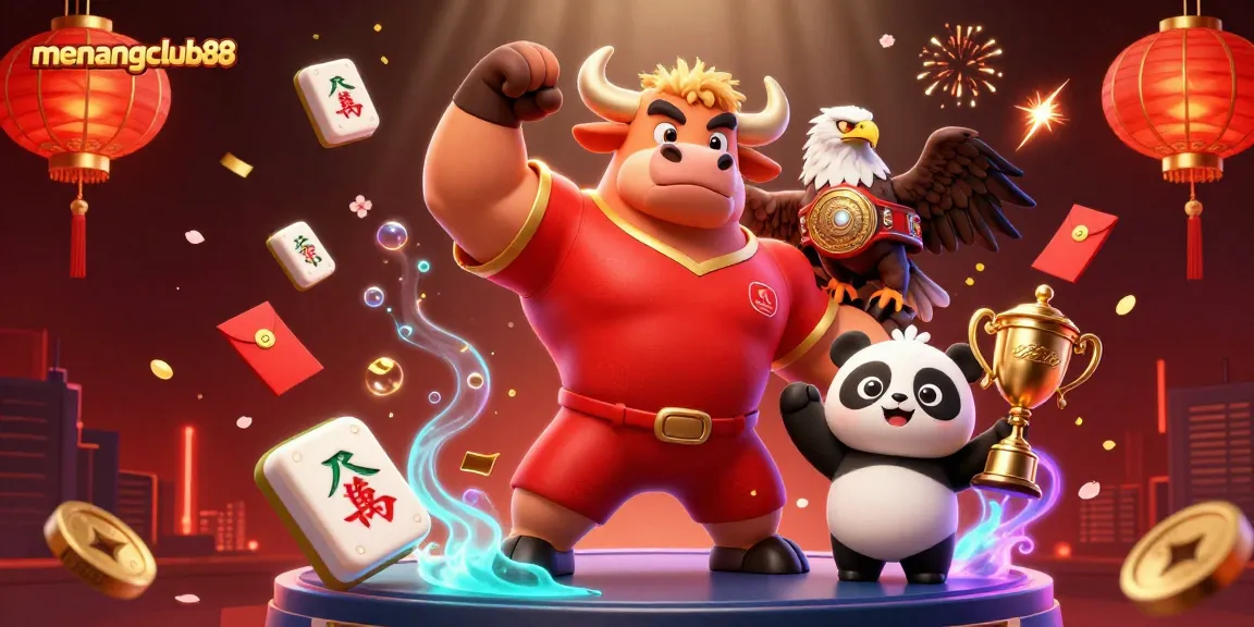 Experience the thrill with menangclub88 as a bull mascot celebrates victory alongside an eagle and panda in a vibrant scene.