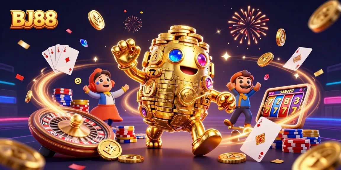 BJ88 golem amidst dynamic casino elements, showcasing slots and poker excitement.