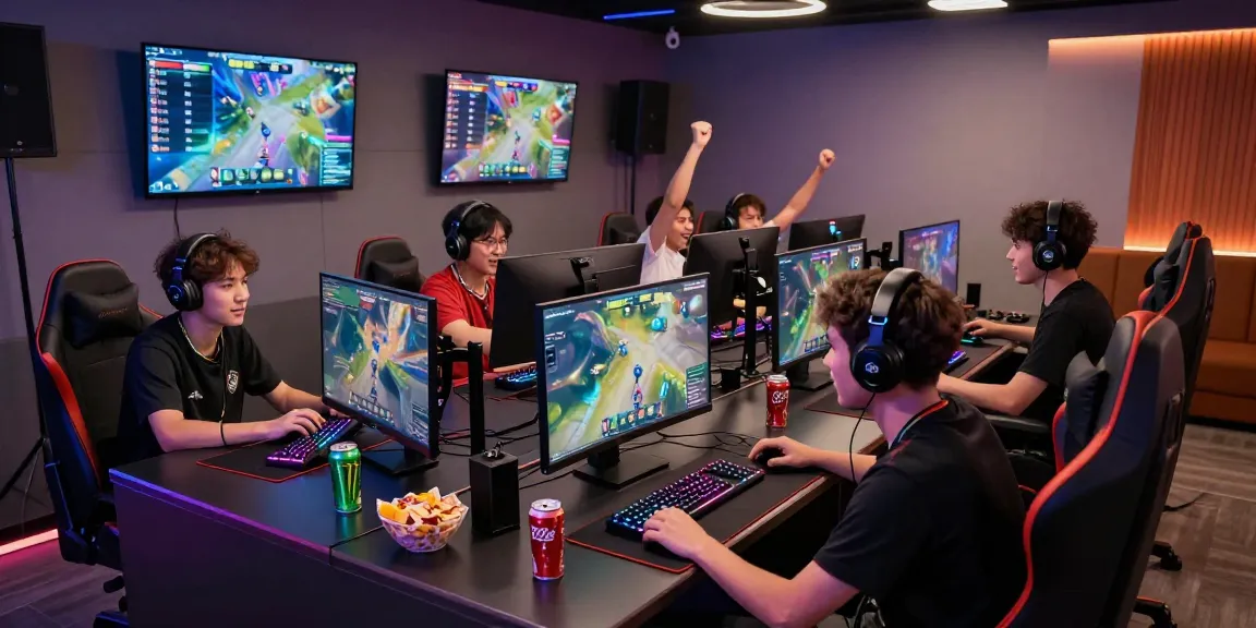 Sunwin gaming lounge scene with players engaged in competitive gaming and modern gear.