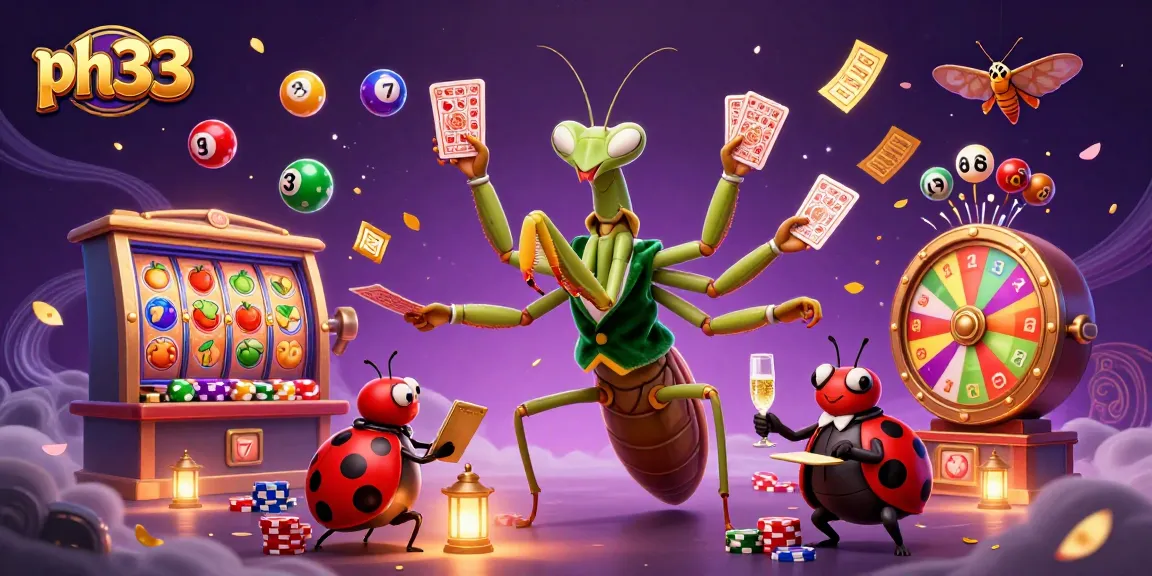 Experience thrilling gaming at ph33 with a vibrant 3D illustration of casino excitement featuring card games and jackpots.