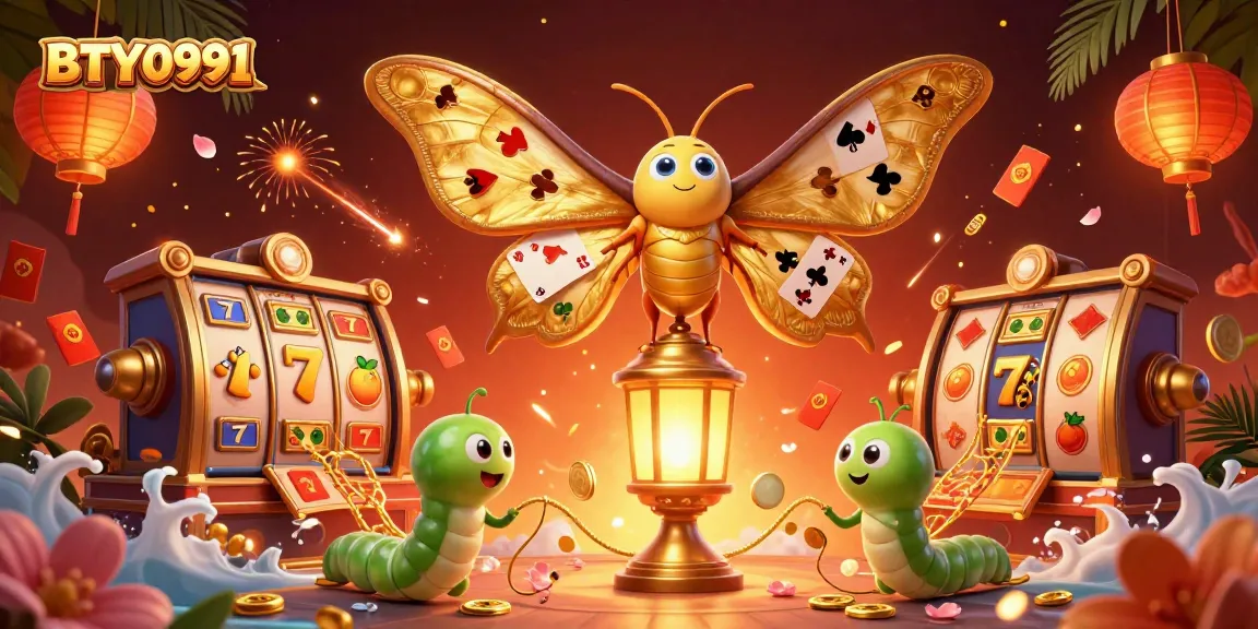 Engage with the vibrant world of BTY0991 as an atlas moth illuminates a golden casino scene with rich symbols.
