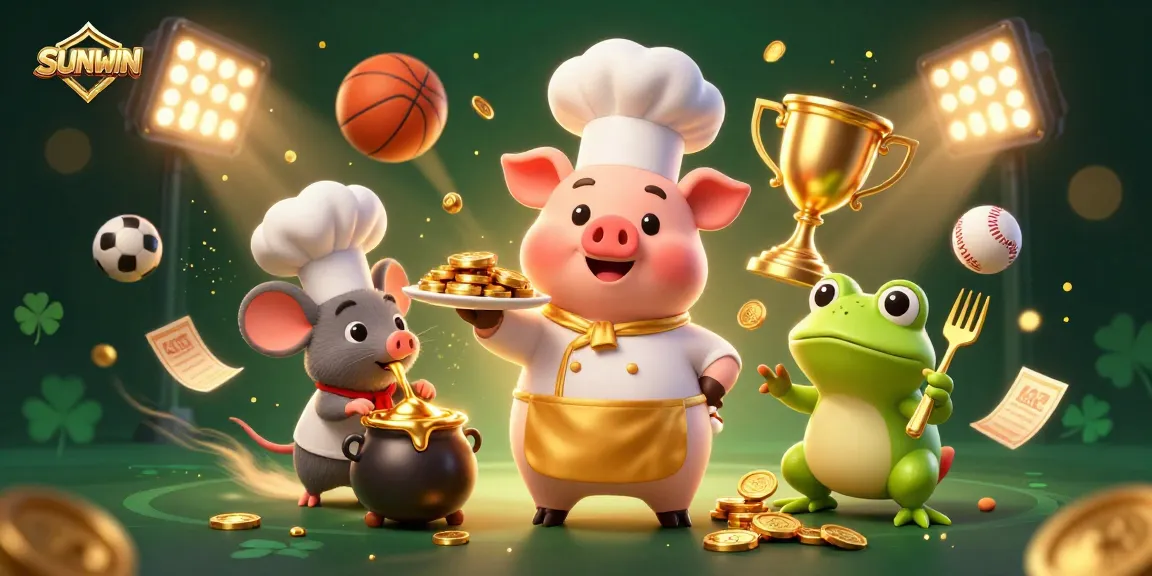 SUNWIN showcases a lively 3D casino scene with a chef pig serving gold coins, highlighting thrilling sports betting elements.